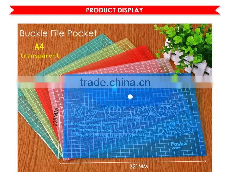 Good quality A4 transparent color buckle file pocket