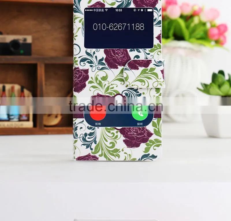 Double window Flower PU leather flip case for iphone 6,mobile phone case
