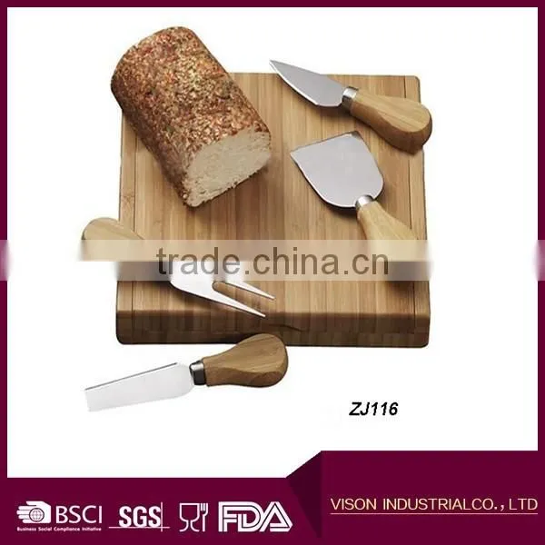 4 Pieces Set Cheese Knives with Bamboo Wood Handle Steel Stainless Cheese Slicer Cheese Cutter (Round Bamboo Handle)