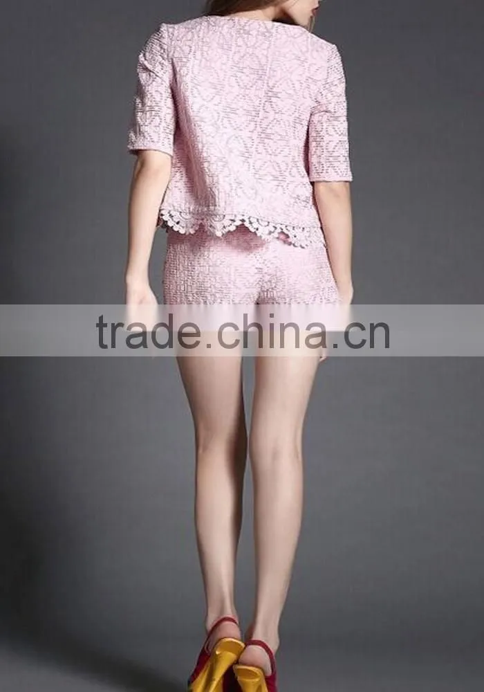 Latest women fasion lace suit short sleeve crop top and shorts
