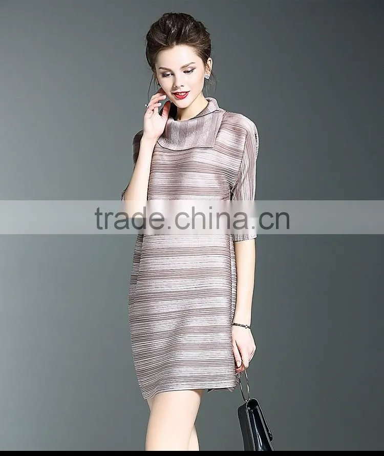 Women striated Polo neck casual pleated dresses