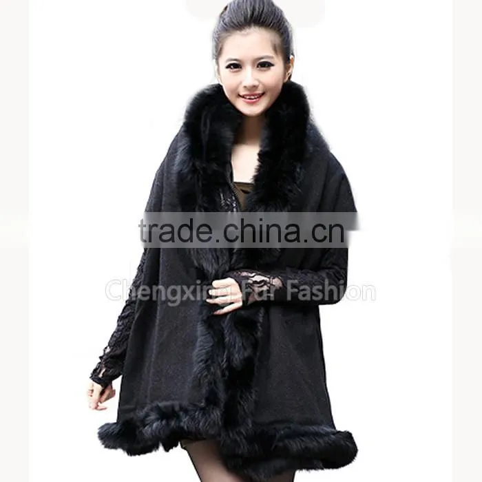 CX-B-P-25E 2016 New Product Fur Poncho Fur Cape With Fox Fur Trimmed