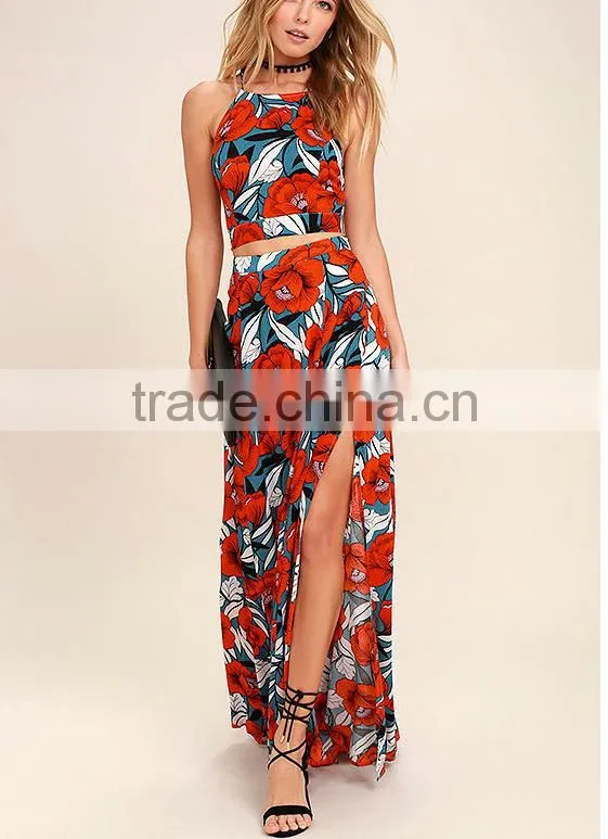 Hot sale beach dress floral printed two piece sexy maxi dress