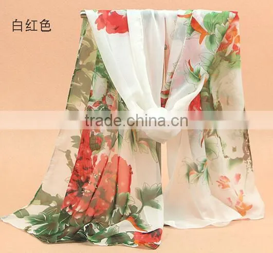 Fashion Women Chiffon Scarf Spring Summer Peony Flower Printing Elegant Lady Shawls Scarves