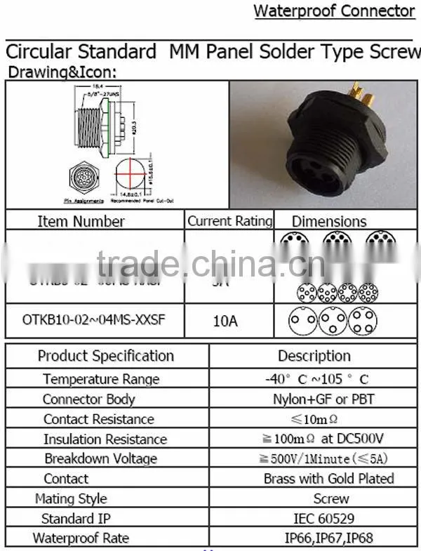 Circular standard MM panel solder type screw Waterproof Connector