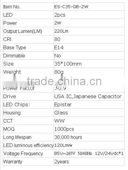 2016 newest led filament bulb 2w c35 led candle lamp