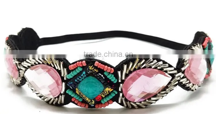 Wholesale Cheap Adjustable Latest Wide Sport Handmade Crystal Beaded Elastic Hair Band