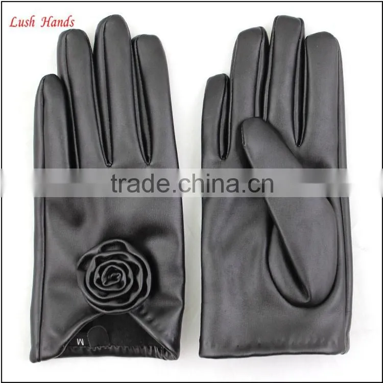 ladies PU leather gloves black with roses