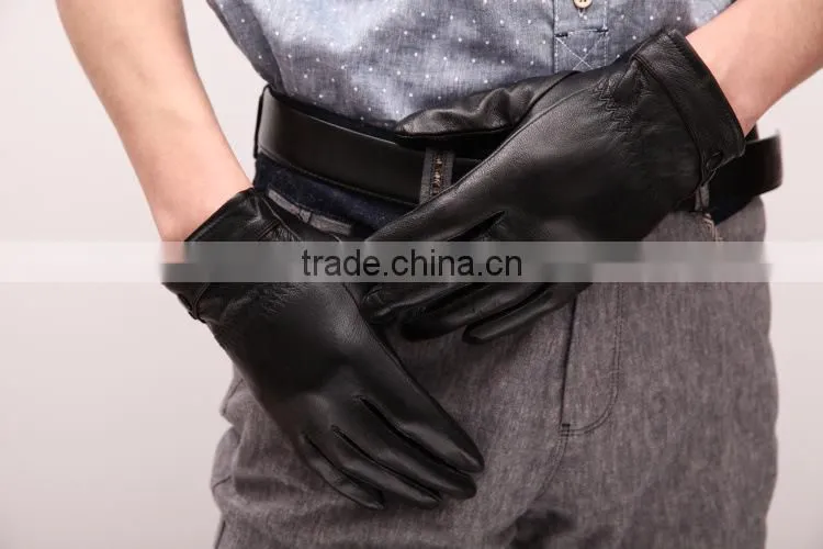 Men's leather gloves for men plus thick velvet warm snap rider line gloves short paragraph