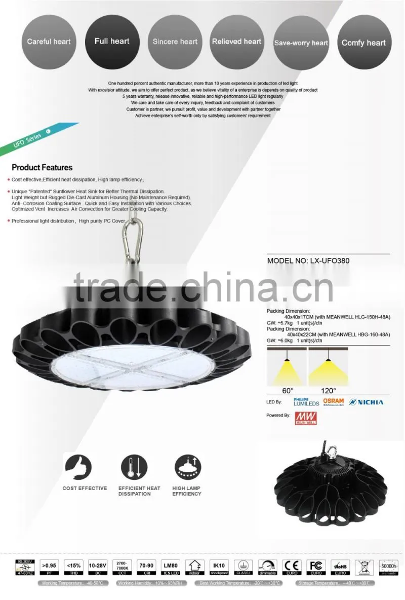 5 Years Warranty Promotion Price 2016 CE Rohs Approved Meanwell Driver Wireless & Motion Control 150W UFO LED High Bay Light