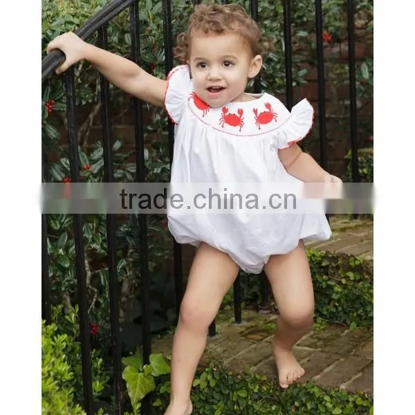 (SM111#white) Crabs smocked white girl's bubble crabs embroidered bloomers