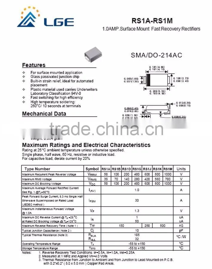 RS1B fast recovery diode 1.0A 100V SMA