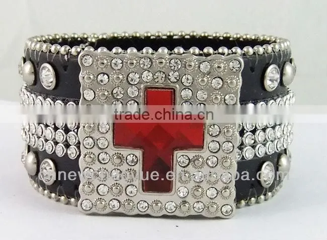 newest high quality different kinds size red cross rhinsetone leather bracelet