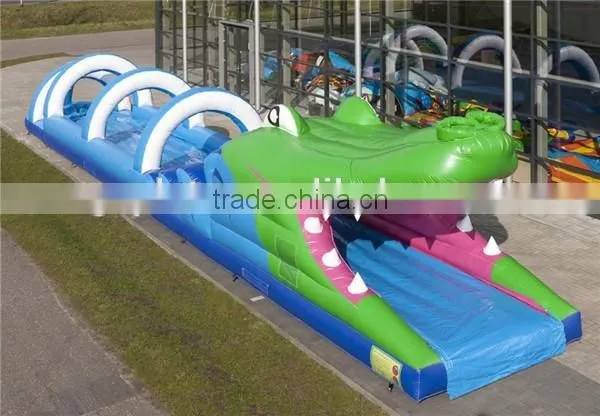 Longest inflatable water slide /lovely crocodile park/inflatable crocodile belly tunnel for outdoor game