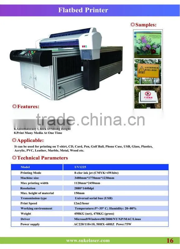 UV Flatbed Printer with 1440dpi for Ceramic Glass Acrylic wood printing