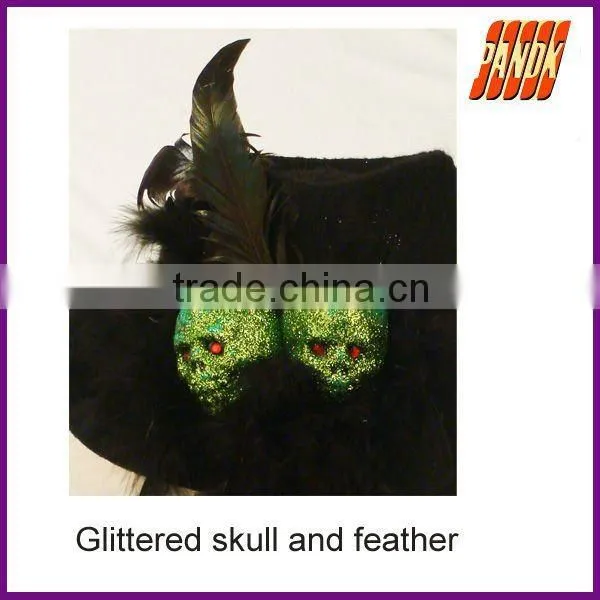 Fashion felt-cloth Black top hat with glittered green skull and lace