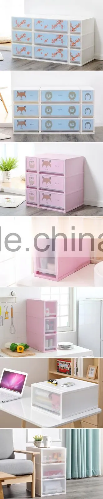 Wholsale emc 3 tiers plastic drawer storage cabinet with color print transparent storage box