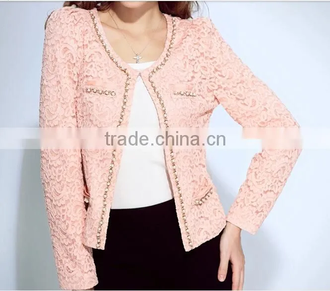 2015 ladies quality beaded coat long sleeve oem wholesale factory pink jackets coat