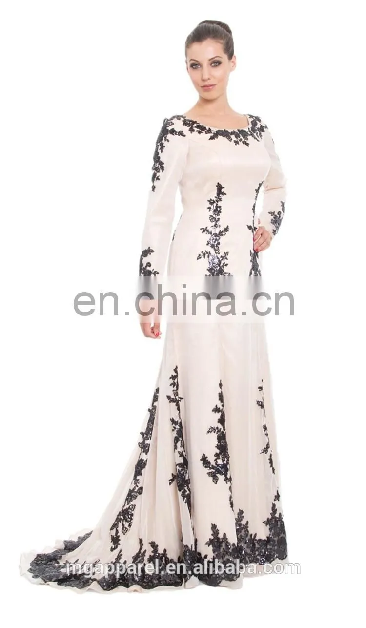 china OEM long sleeve muslim evening dress sequined silk beige muslim women formal dress, muslim evening gown with wrap hijab