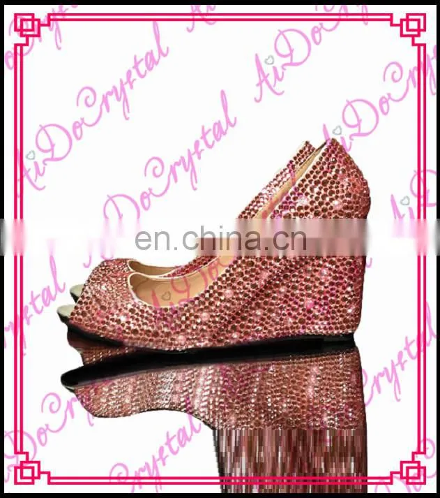 Aidocrystal handmade bling pink crystal diamonds peep toe wedge shoes for lady evening party