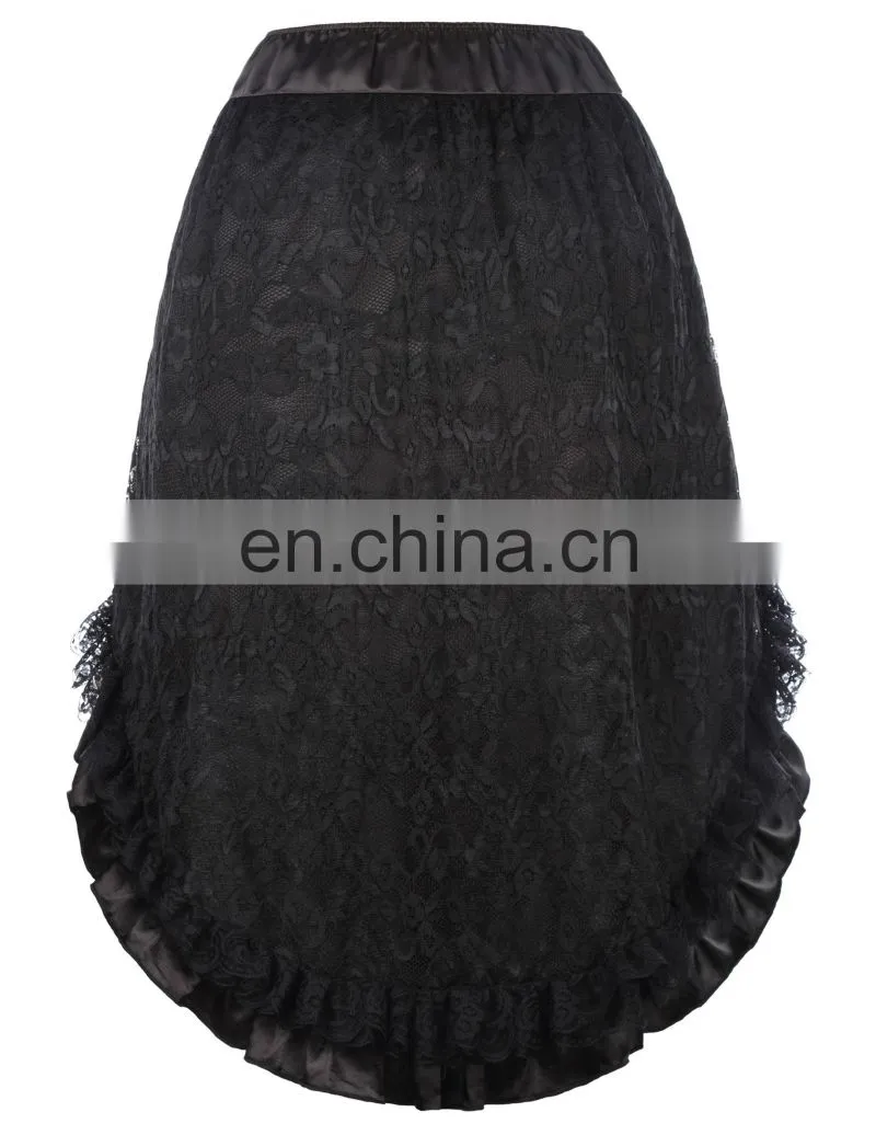 Belle Poque Vintage Retro Lace Satin Elastic Waist Asymmetrical High-Low Black Skirt BP000329-1