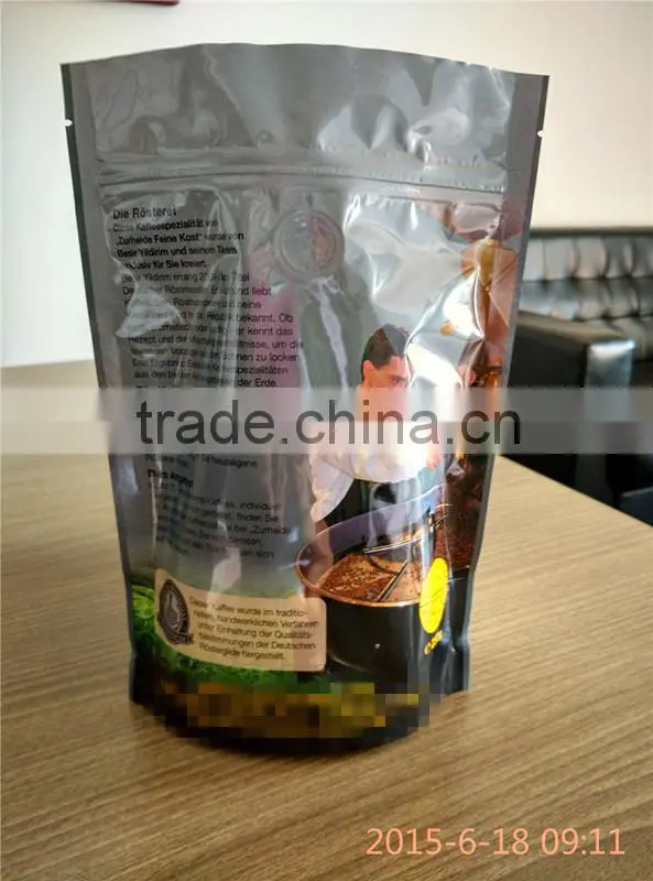 laminated plastic custom printed metalized stand up coffee pouch with zipper