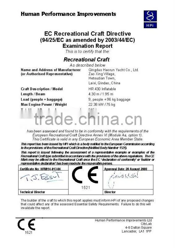 CE 2012 Hot PVC/Hypalon selling Aluminum floor 430 Dinghy Inflatable Boat