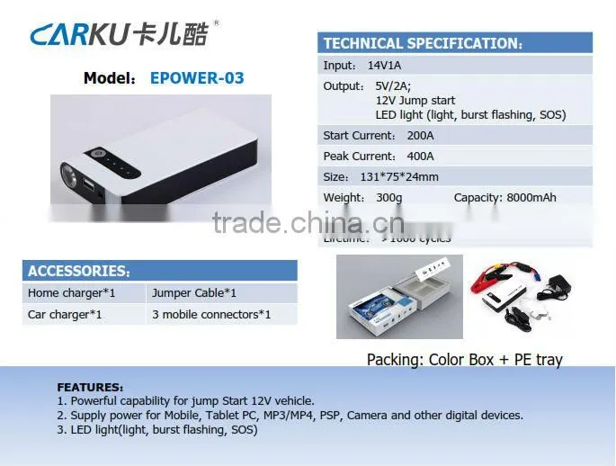 Fashionable carku jump start 12v car Power Bank Jump Starter / automobile starting power