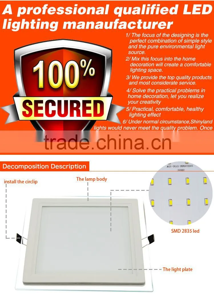 Brand new square glass panel light with high quality