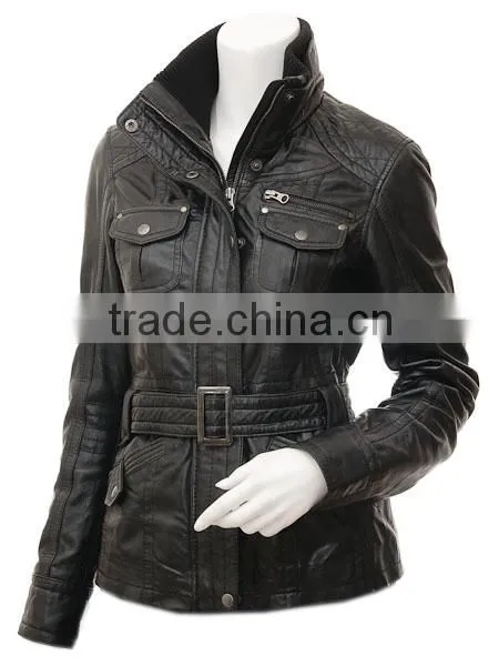 Womens Black Leather Biker Jacket: