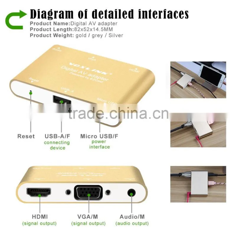 Voxlink Digital AV Adapter With VGA+Audio Dual Display Converter Power Silver/ Golden/ Gray