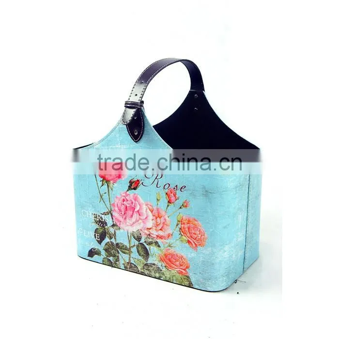 Flower Print Faux Leather Buckle Handle Magazine Newspaper Basket/holder