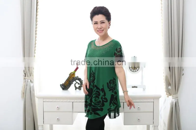 Middle aged women fashion beaded lace loose printed blouse