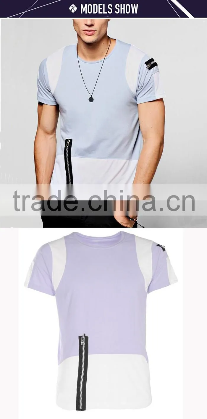 Custom made men's casual colour block t-shirt guys designer cool t shirts with zip detail