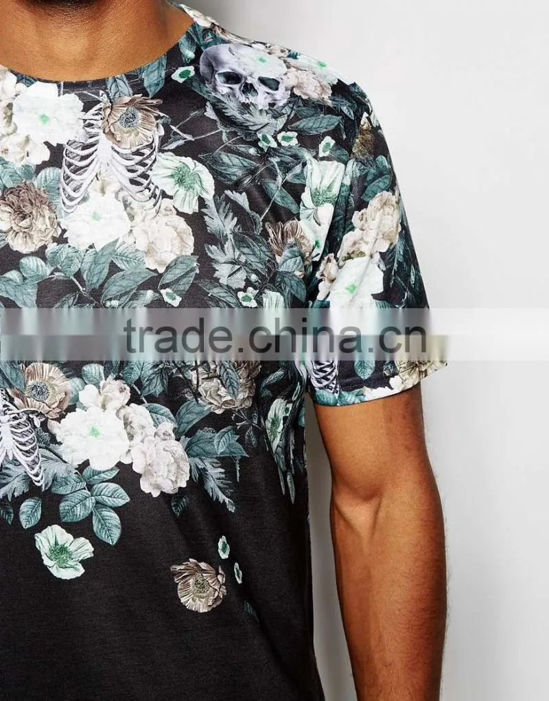 Stylish floral skull printed t shirt, sublimation printing t shirt wholesale