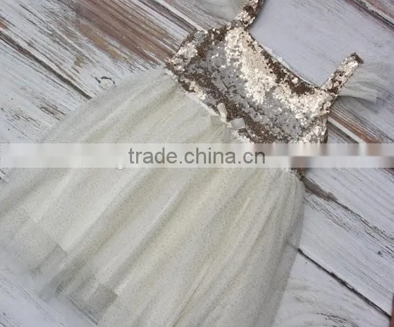 Ivory Gold Sequined Glitter Tulle Lace Fabric Baby Dress Pictures Girls Tutu Dress