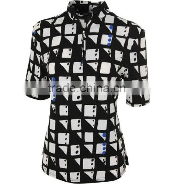 100% polyester,Women's Square Print Twilight zipper up Short Sleeve Polo shirt