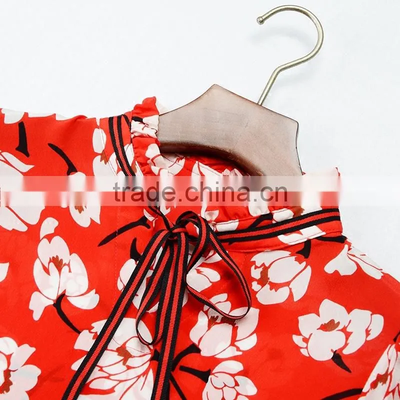 wholesale custom long sleeve silk blouse printing red floral high-necked daily top for ladies summer Blouse