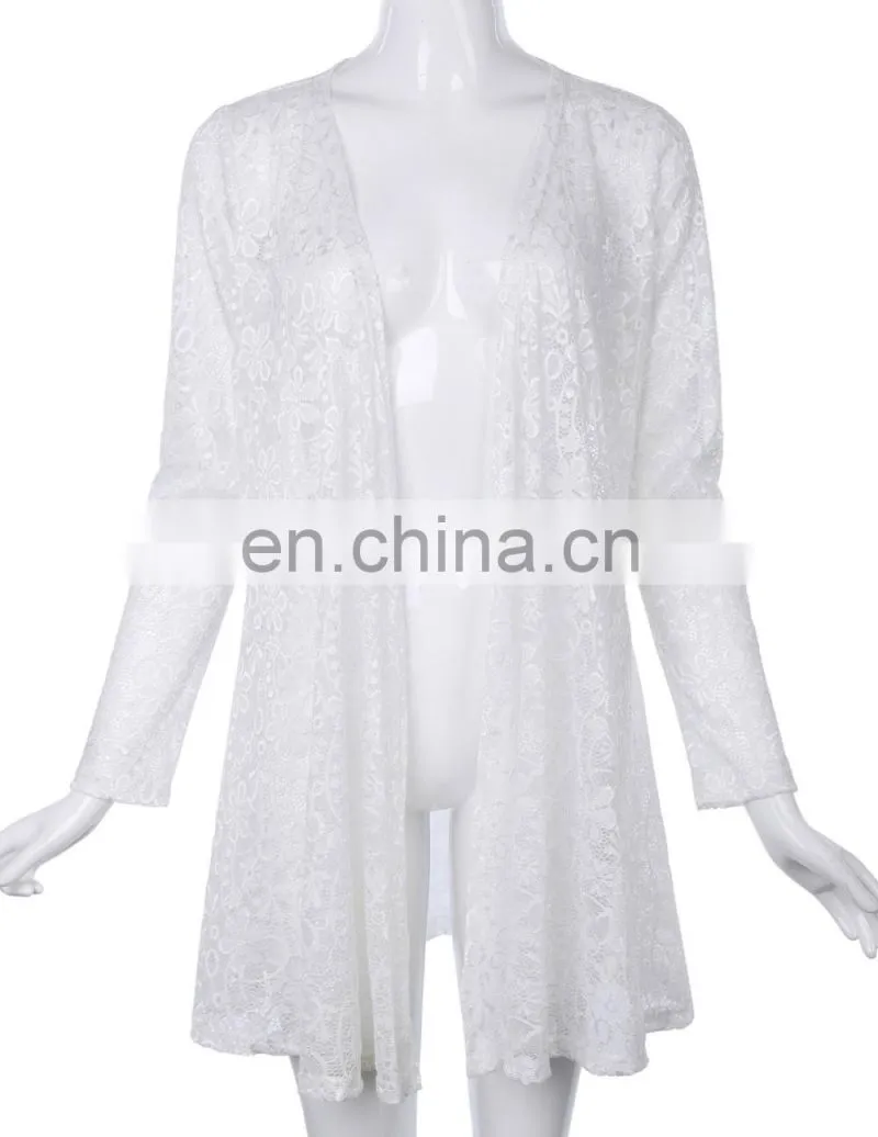 Kate Kasin Long Sleeve Open Front See-Through White Lace Coat Tops Bolero KK000421-2