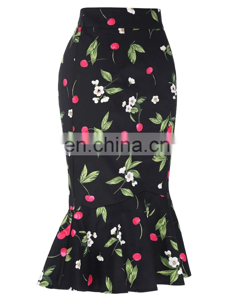 Kate Kasin Occident Women Fashion OL Causal Hips-Wrapped Mermaid Floral Print Tight Pencil Skirt KK000220-2