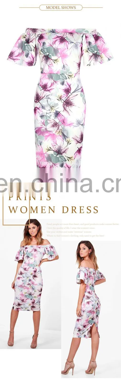 newest women clothes Frill Sleeve print Floral off shoulder midi dress