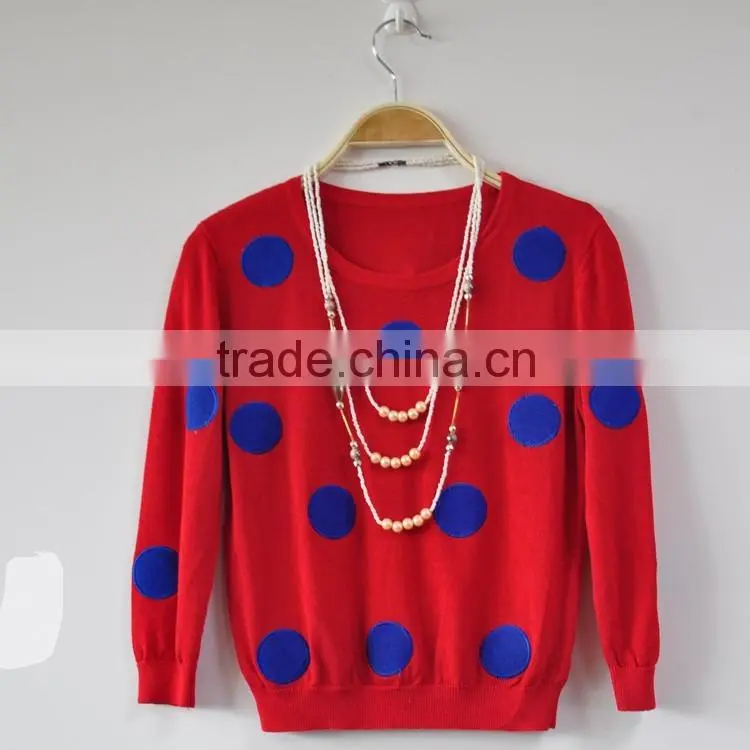 Red Lady Dots Embroidery Knitted Sweater O-Neck Women Sweaters
