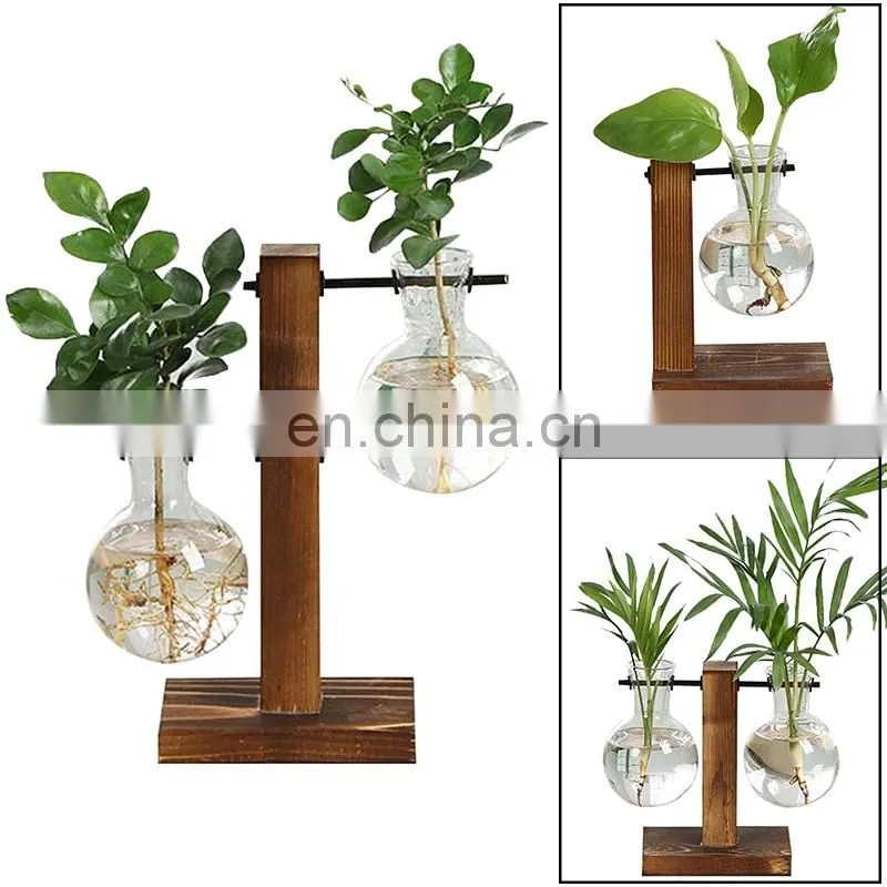 Terrarium Hydroponic Plant Vases Vintage Flower Pot Transparent Vase Wooden Frame Glass Tabletop Plants Home Bonsai Decor