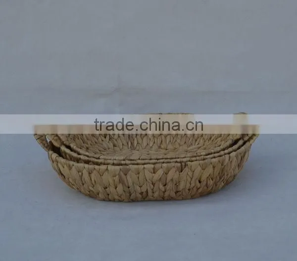 S/3 Oval Natural Handwoven Water Hyacinth Tray with Handles