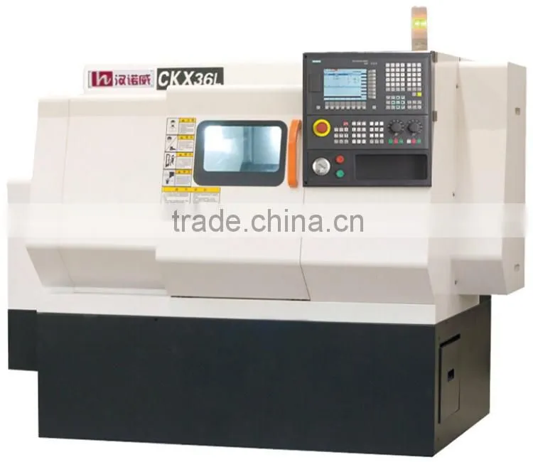 mini cnc lathe machine CKX36L slant bed linear guideway dsign and 5"hydraulic chuck 4 station gang tool 46mm spindle bore