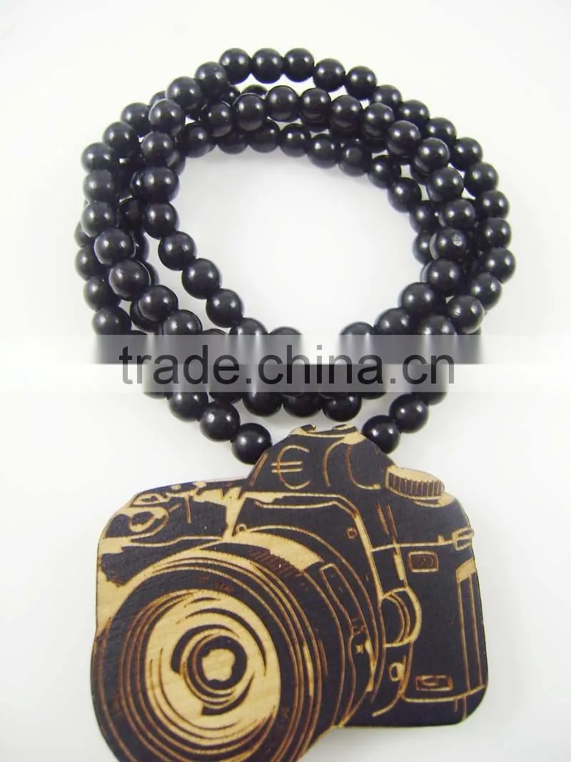 Men's Camera good Pendants Fashion Wood Hip Hop Rosary Chain Beads Necklaces