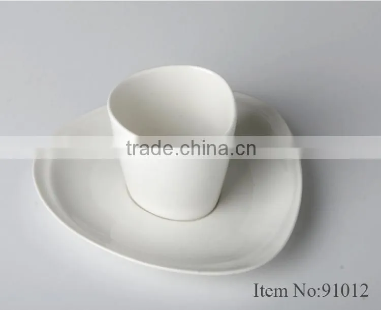 white durable ceramic triangle cup(without handle) with saucer