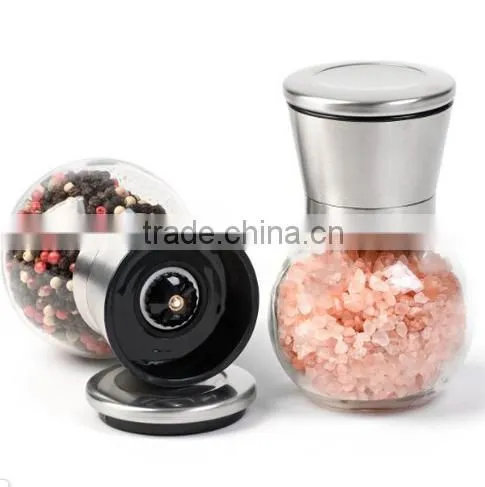 Trade Assurance OEM package Glass Manual Salt And Pepper Grinders Mills bottles with stainless steel cap-Round