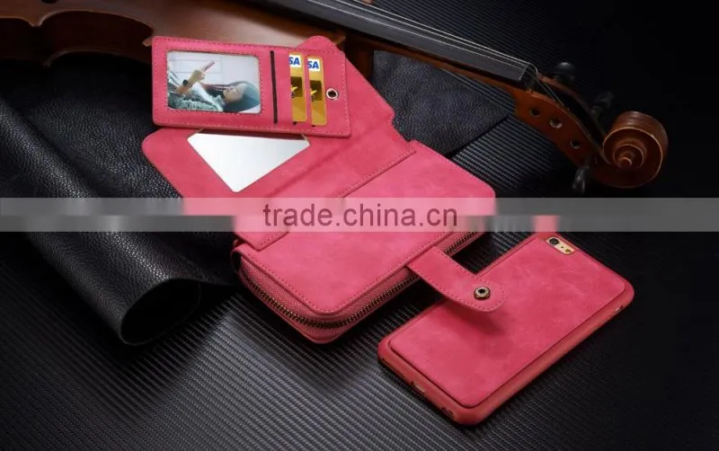 Alibaba Best Selling Multifunction Leather Case Cover Zipper Wallet case with mirror For iPhone 6/6S Plus