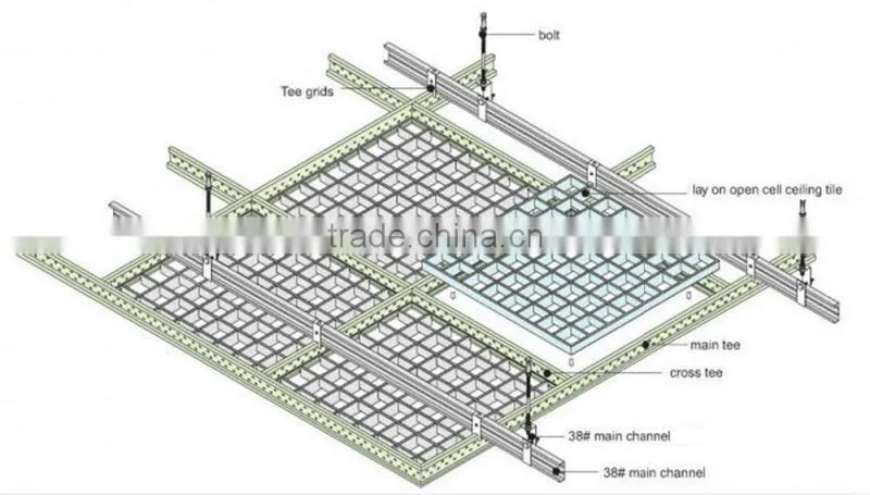 Installation T bar Metal Frame Grid Ceiling Aluminum Lay On Open Cell Ceiling Tile